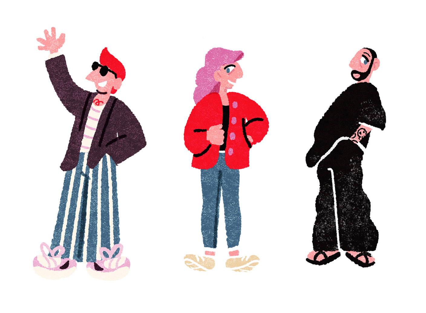 Editorial illustration of people in various fashion styles and eras