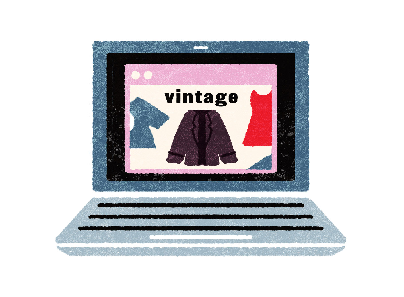 Illustration showing laptop and an vintage shop to buy clothes