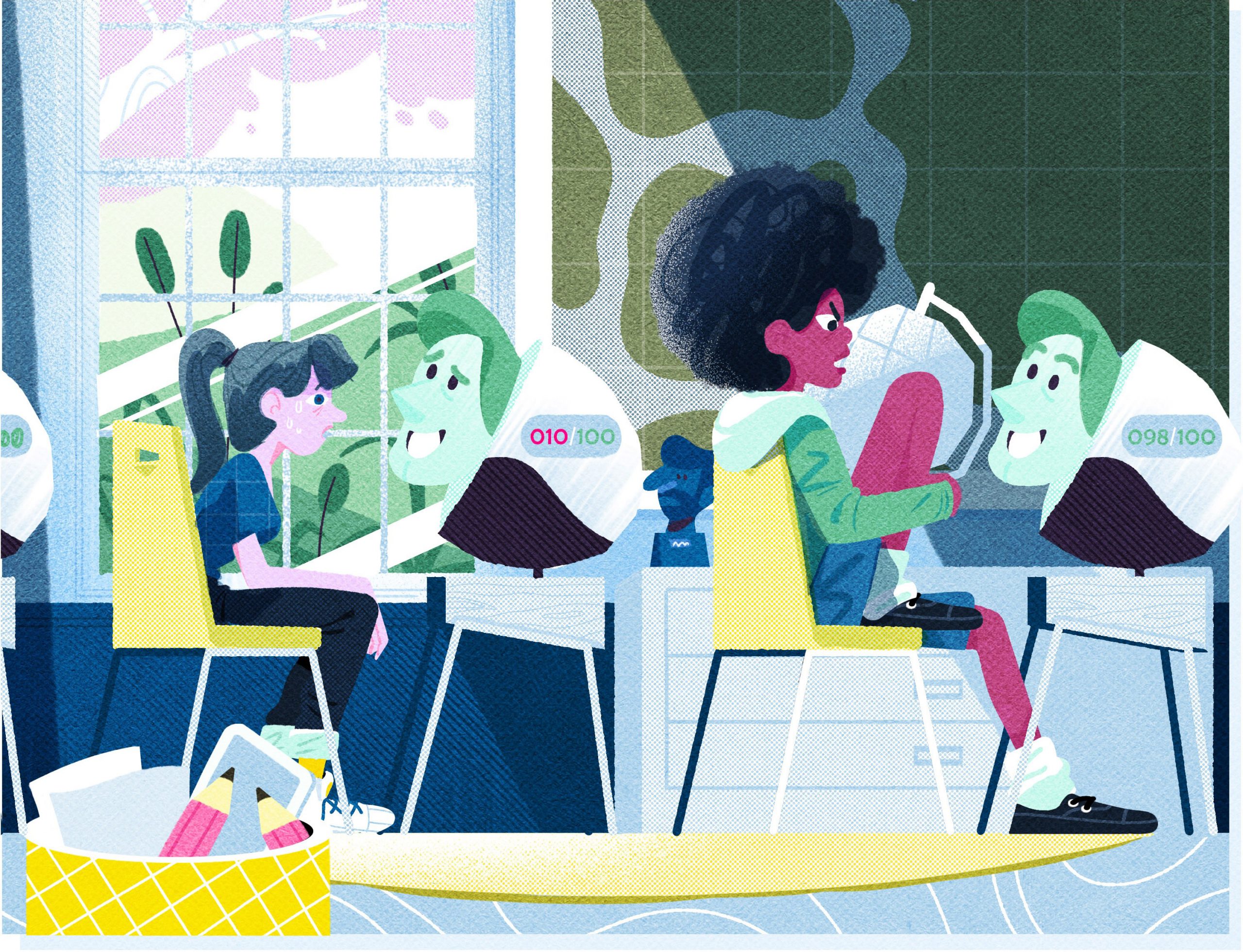 Editorial Illustration showing pupils that use an AI assistant in the future inside a modern classroom