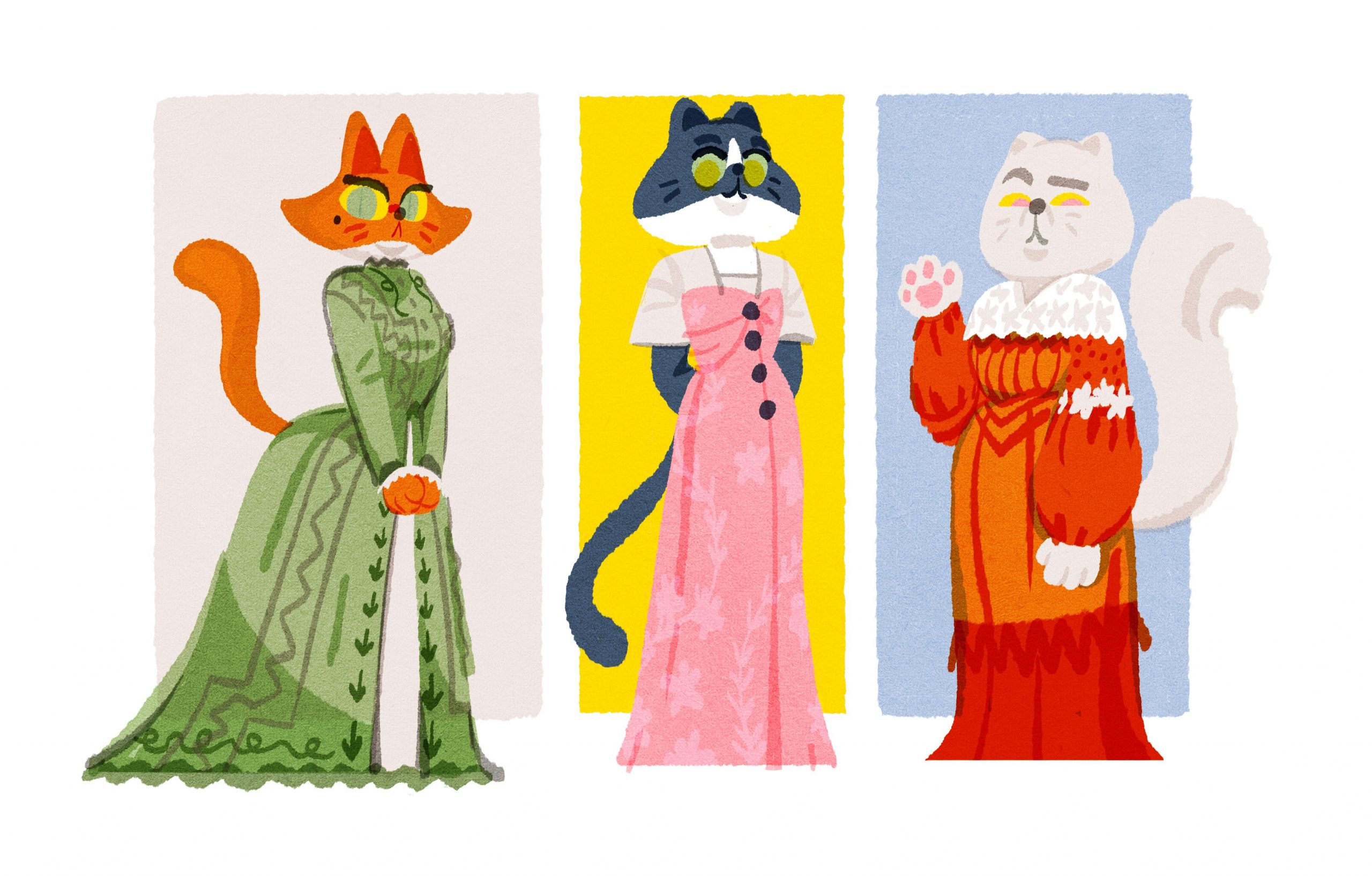 Bold Illustrations of three cats wearing victorian dresses